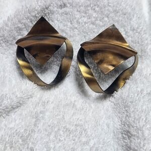 Vintage Bronze Tone Chunky Sculptural Geometric Earrings Abstract Square